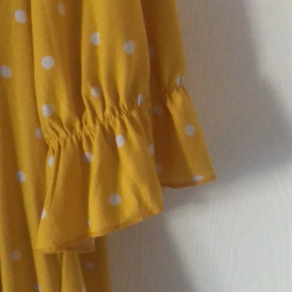 Woman’s Polkadot feminine spring yellow dainty office siren ruffled blouse top - Picture 4 of 12